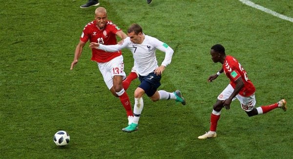 MOSCOW, RUSSIA - Tuesday, June 26, 2018: France's Antoine Griezmann gets away from Denmark's Mathias Jorgensen (left) and Pione Sisto (right) during the FIFA World Cup Russia 2018 Group C match between Denmark and France at the Luzhniki Stadium. (Pic by David Rawcliffe/Propaganda)