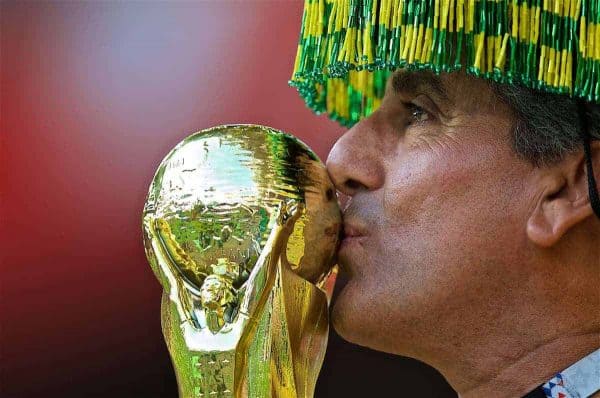 MOSCOW, RUSSIA - Wednesday, June 27, 2018: A Brazil supporter kisses a replica World Cup trophy during the FIFA World Cup Russia 2018 Group E match between Serbia and Brazil at the Spartak Stadium. (Pic by David Rawcliffe/Propaganda)