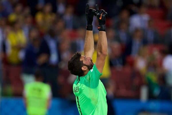 MOSCOW, RUSSIA - Wednesday, June 27, 2018: Brazil's goalkeeper Alisson Becker celebrates his side's first goal during the FIFA World Cup Russia 2018 Group E match between Serbia and Brazil at the Spartak Stadium. (Pic by David Rawcliffe/Propaganda)