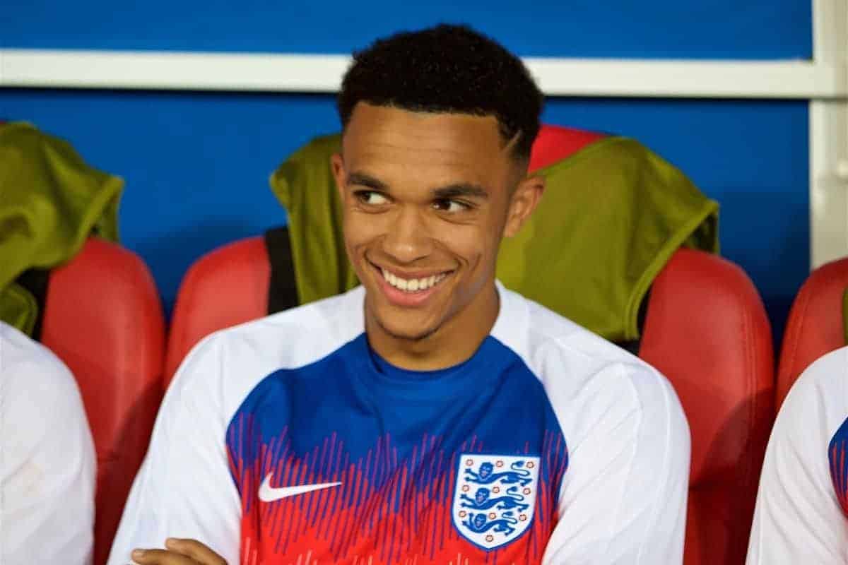 MOSCOW, RUSSIA - Tuesday, July 3, 2018: England's substitute Liverpool full-back Trent Alexander-Arnold on the bench before the FIFA World Cup Russia 2018 Round of 16 match between Colombia and England at the Spartak Stadium. (Pic by David Rawcliffe/Propaganda)