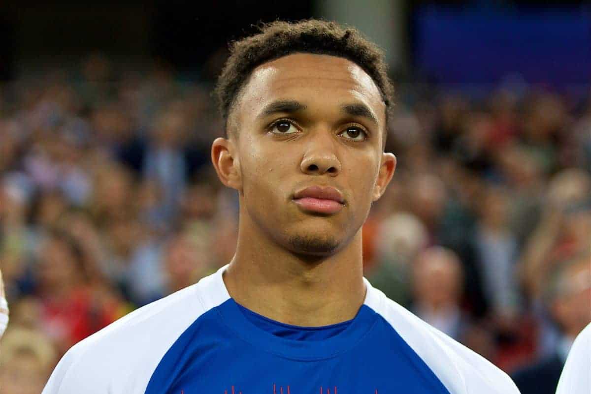 MOSCOW, RUSSIA - Tuesday, July 3, 2018: England's substitute Liverpool full-back Trent Alexander-Arnold on the bench before the FIFA World Cup Russia 2018 Round of 16 match between Colombia and England at the Spartak Stadium. (Pic by David Rawcliffe/Propaganda)