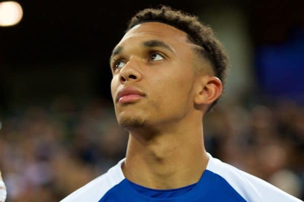 MOSCOW, RUSSIA - Tuesday, July 3, 2018: England's substitute Liverpool full-back Trent Alexander-Arnold on the bench before the FIFA World Cup Russia 2018 Round of 16 match between Colombia and England at the Spartak Stadium. (Pic by David Rawcliffe/Propaganda)