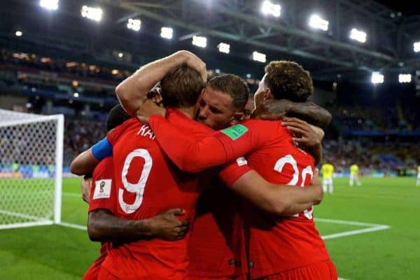 MOSCOW, RUSSIA - Tuesday, July 3, 2018: England's captain Harry Kane celebrates scoring the first goal with team-mates during the FIFA World Cup Russia 2018 Round of 16 match between Colombia and England at the Spartak Stadium. (Pic by David Rawcliffe/Propaganda)