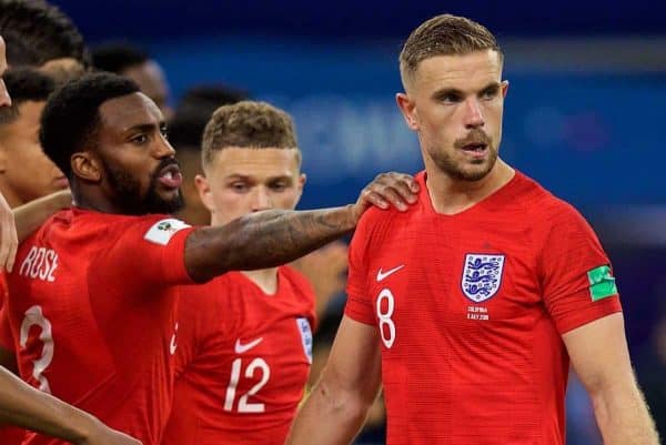 MOSCOW, RUSSIA - Tuesday, July 3, 2018: England's Jordan Henderson is consoled by team-mate Danny Rose after missing his side's third penalty of the shoot-out during the FIFA World Cup Russia 2018 Round of 16 match between Colombia and England at the Spartak Stadium. (Pic by David Rawcliffe/Propaganda)