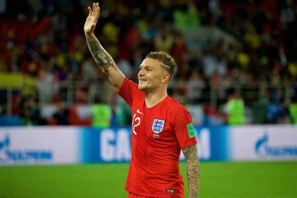 MOSCOW, RUSSIA - Tuesday, July 3, 2018: England's Kieran Trippier celebrates after winning the penalty shoot-out during the FIFA World Cup Russia 2018 Round of 16 match between Colombia and England at the Spartak Stadium. (Pic by David Rawcliffe/Propaganda)