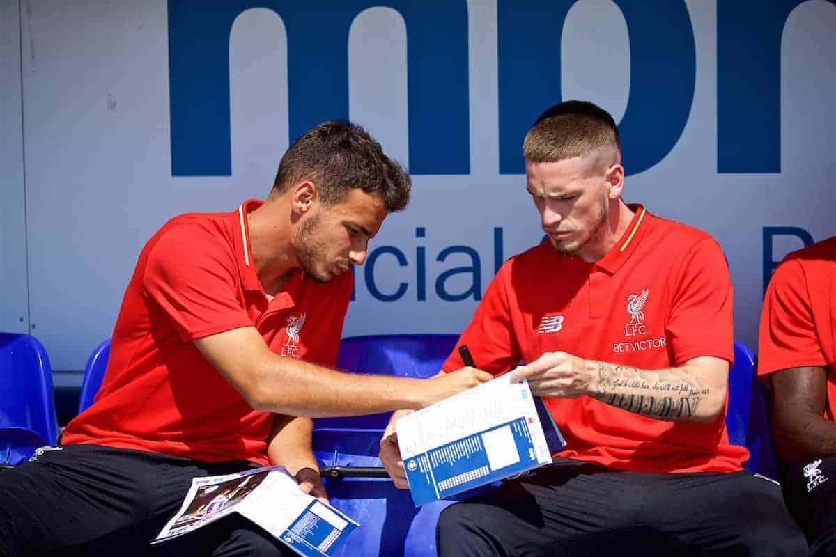 CHESTER, ENGLAND - Saturday, July 7, 2018: Liverpool's Pedro Chirivella and Ryan Kent sign autographs before a preseason friendly match between Chester FC and Liverpool FC at the Deva Stadium. (Pic by Paul Greenwood/Propaganda)