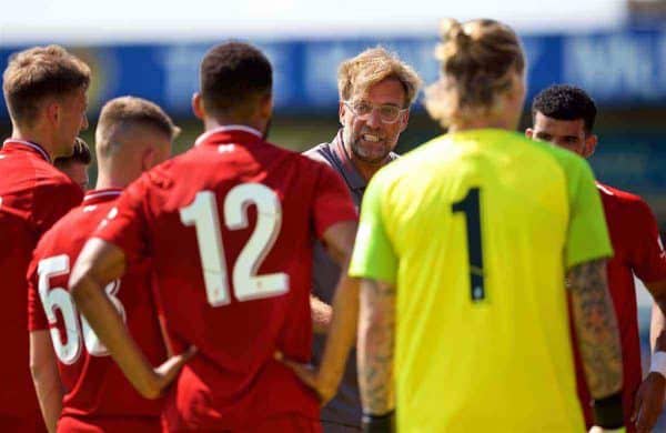 CHESTER, ENGLAND - Saturday, July 7, 2018: Liverpool's manager Jürgen Klopp speaks with players during a water break in the preseason friendly match between Chester FC and Liverpool FC at the Deva Stadium. (Pic by Paul Greenwood/Propaganda)