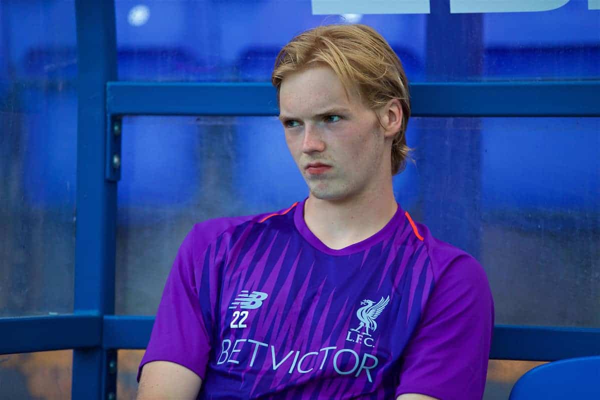 BIRKENHEAD, ENGLAND - Tuesday, July 10, 2018: Liverpool's substitute goalkeeper Caoimhin Kelleher sits in the bench before a preseason friendly match between Tranmere Rovers FC and Liverpool FC at Prenton Park. (Pic by Paul Greenwood/Propaganda)