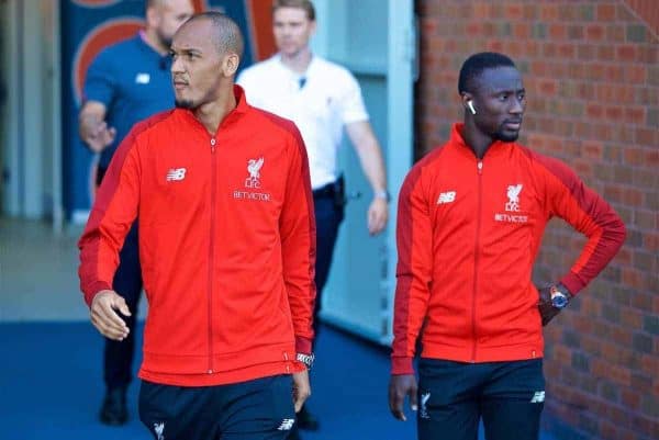 BLACKBURN, ENGLAND - Thursday, July 19, 2018: Liverpool's new signings Fabio Henrique Tavares 'Fabinho' (left) and Naby Keita before a preseason friendly match between Blackburn Rovers FC and Liverpool FC at Ewood Park. (Pic by David Rawcliffe/Propaganda)