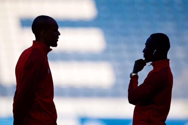 BLACKBURN, ENGLAND - Thursday, July 19, 2018: The silhouetted shapes of Liverpool's new signings Fabio Henrique Tavares 'Fabinho' (left) and Naby Keita before a preseason friendly match between Blackburn Rovers FC and Liverpool FC at Ewood Park. (Pic by David Rawcliffe/Propaganda)