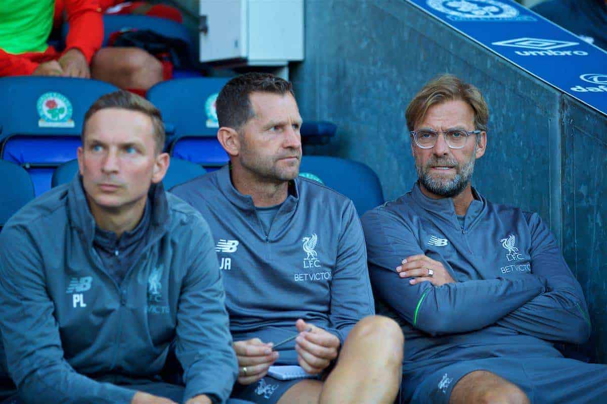 BLACKBURN, ENGLAND - Thursday, July 19, 2018: Liverpool's manager Jürgen Klopp (right) during a preseason friendly match between Blackburn Rovers FC and Liverpool FC at Ewood Park. (Pic by Paul Greenwood/Propaganda)