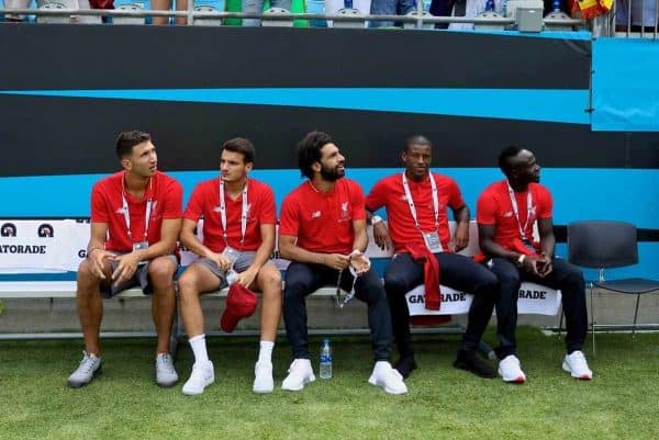 CHARLOTTE, USA - Sunday, July 22, 2018: Liverpool's Marko Grujic, Pedro Chirivella, Mohamed Salah, Georginio Wijnaldum and Sadio Mane before a preseason International Champions Cup match between Borussia Dortmund and Liverpool FC at the Bank of America Stadium. (Pic by David Rawcliffe/Propaganda)