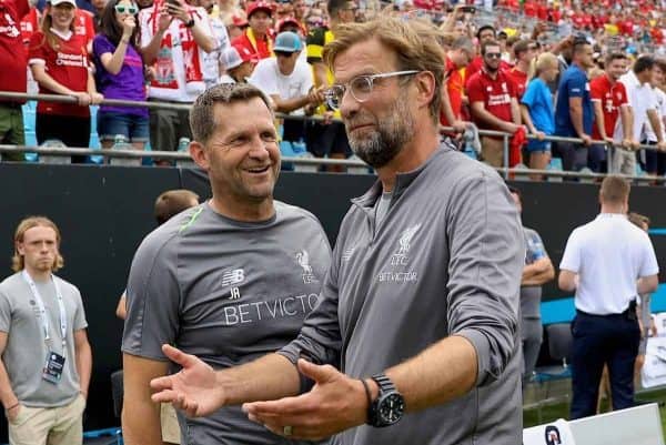 CHARLOTTE, USA - Sunday, July 22, 2018: Liverpool's manager J¸rgen Klopp and goalkeeping coach John Achterberg during a preseason International Champions Cup match between Borussia Dortmund and Liverpool FC at the Bank of America Stadium. (Pic by David Rawcliffe/Propaganda)