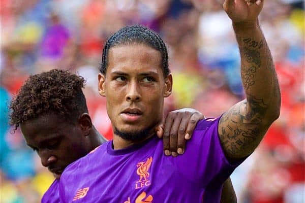 CHARLOTTE, USA - Sunday, July 22, 2018: Liverpool's Virgil van Dijk celebrates scoring the first goal during a preseason International Champions Cup match between Borussia Dortmund and Liverpool FC at the Bank of America Stadium. (Pic by David Rawcliffe/Propaganda)