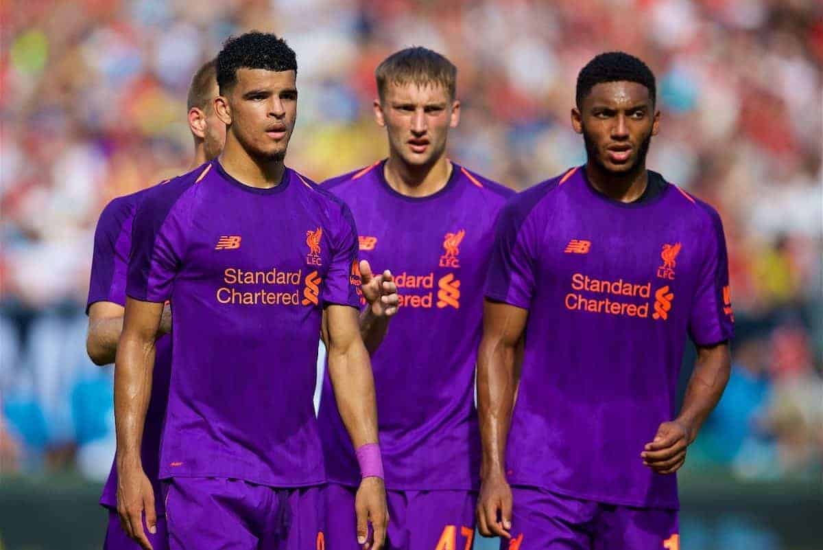 CHARLOTTE, USA - Sunday, July 22, 2018: Liverpool's Dominic Solanke, Nathaniel Phillips and Joe Gomez during a preseason International Champions Cup match between Borussia Dortmund and Liverpool FC at the Bank of America Stadium. (Pic by David Rawcliffe/Propaganda)