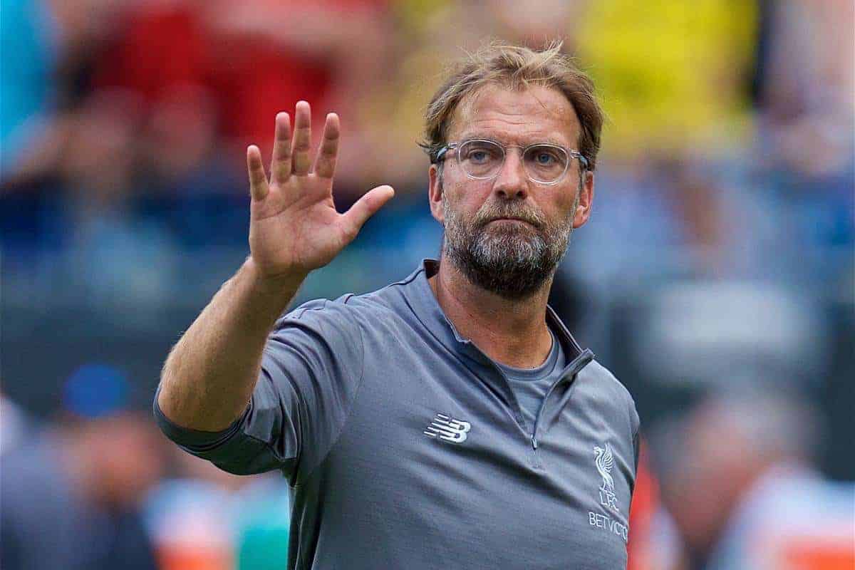 CHARLOTTE, USA - Sunday, July 22, 2018: Liverpool's manager J¸rgen Klopp waves to the supporters after a preseason International Champions Cup match between Borussia Dortmund and Liverpool FC at the Bank of America Stadium. Borussia Dortmund won 3-1. (Pic by David Rawcliffe/Propaganda)