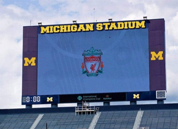 ANN ARBOR, USA - Friday, July 27, 2018: Liverpool's club badge on the giant screen during a training session ahead of the preseason International Champions Cup match between Manchester United FC and Liverpool FC at the Michigan Stadium. (Pic by David Rawcliffe/Propaganda)