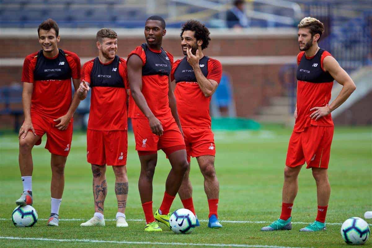 ANN ARBOR, USA - Friday, July 27, 2018: Liverpool's Pedro Chirivella, Alberto Moreno, Daniel Sturridge, Mohamed Salah and Adam Lallana during a training session ahead of the preseason International Champions Cup match between Manchester United FC and Liverpool FC at the Michigan Stadium. (Pic by David Rawcliffe/Propaganda)