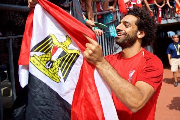 ANN ARBOR, USA - Friday, July 27, 2018: Liverpool's Mohamed Salah signs an autograph on an Egypt flag for a supporter after a training session ahead of the preseason International Champions Cup match between Manchester United FC and Liverpool FC at the Michigan Stadium. (Pic by David Rawcliffe/Propaganda)