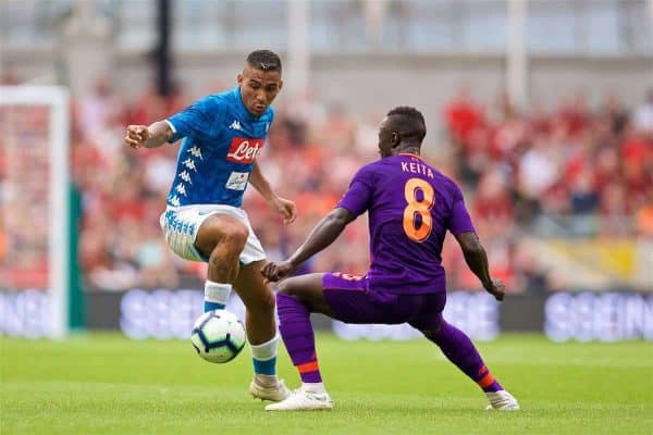 DUBLIN, REPUBLIC OF IRELAND - Saturday, August 4, 2018: Napoli's Allan Marques Loureiro (left) and Liverpool's Naby Keita (right) during the preseason friendly match between SSC Napoli and Liverpool FC at Landsdowne Road. (Pic by David Rawcliffe/Propaganda)