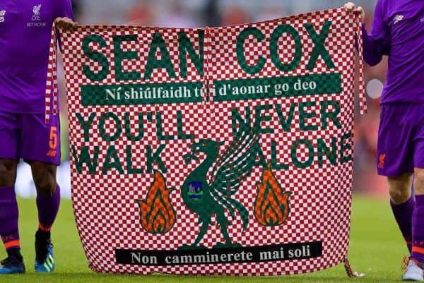 DUBLIN, REPUBLIC OF IRELAND - Saturday, August 4, 2018: Liverpool's Georginio Wijnaldum and Andy Robertson with a banner "Sean Cox You'll Never Walk Alone" after the preseason friendly match between SSC Napoli and Liverpool FC at Landsdowne Road. (Pic by David Rawcliffe/Propaganda)