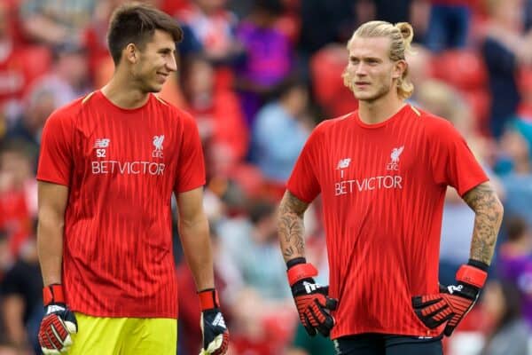 LIVERPOOL, ENGLAND - Tuesday, August 7, 2018: Liverpool's goalkeeper Kamil Grabara (left) and goalkeeper Loris Karius (right) during the preseason friendly match between Liverpool FC and Torino FC at Anfield. (Pic by David Rawcliffe/Propaganda)