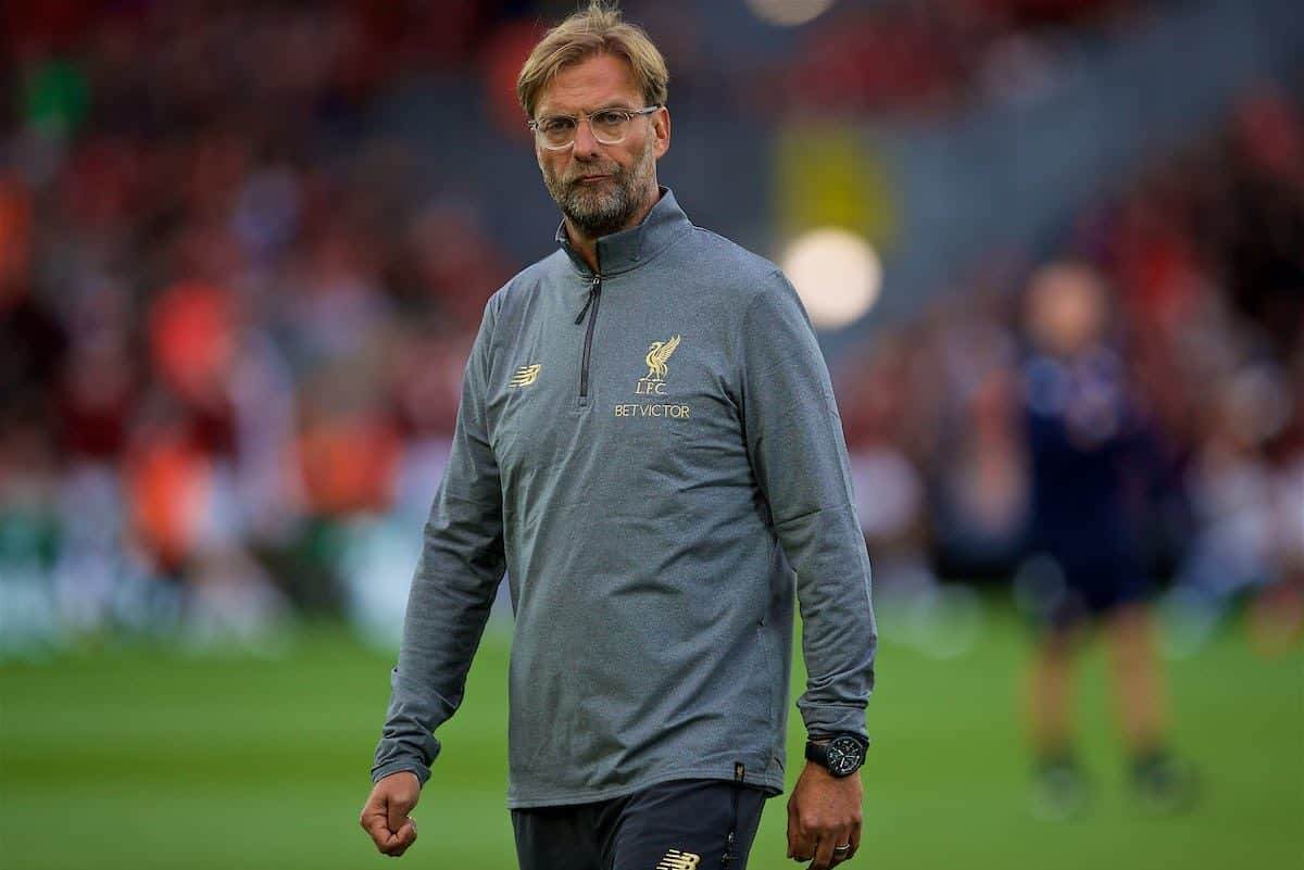 LIVERPOOL, ENGLAND - Tuesday, August 7, 2018: Liverpool's manager Jürgen Klopp watches the pre-match warm-up before the preseason friendly match between Liverpool FC and Torino FC at Anfield. (Pic by David Rawcliffe/Propaganda)