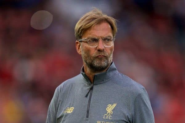 LIVERPOOL, ENGLAND - Tuesday, August 7, 2018: Liverpool's manager J¸rgen Klopp watches the pre-match warm-up before the preseason friendly match between Liverpool FC and Torino FC at Anfield. (Pic by David Rawcliffe/Propaganda)