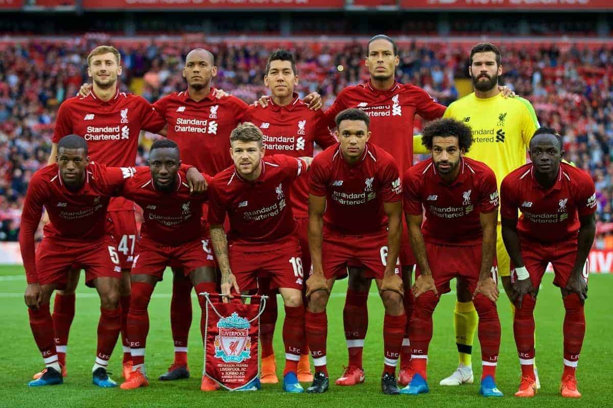 LIVERPOOL, ENGLAND - Tuesday, August 7, 2018: Liverpool's players line-up for a team group photograph before the preseason friendly match between Liverpool FC and Torino FC at Anfield. Back row L-R: Nathaniel Phillips, Fabio Henrique Tavares 'Fabinho', Roberto Firmino, Virgil van Dijk, new signing goalkeeper Alisson Becker. Front row L-R: Georginio Wijnaldum, Naby Keita, Alberto Moreno, Trent Alexander-Arnold, Mohamed Salah, Sadio Mane. (Pic by David Rawcliffe/Propaganda)