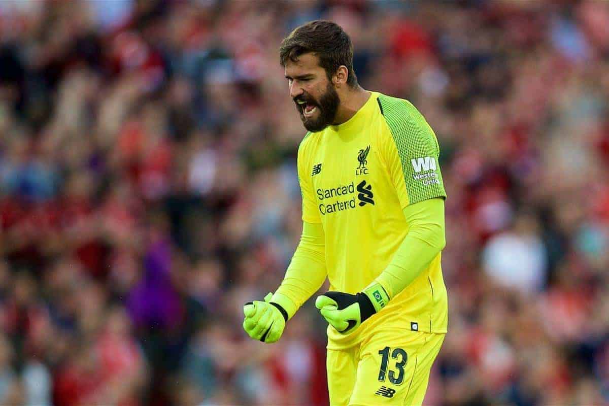 LIVERPOOL, ENGLAND - Tuesday, August 7, 2018: Liverpool's new signing goalkeeper Alisson Becker celebrates the first goal during the preseason friendly match between Liverpool FC and Torino FC at Anfield. (Pic by David Rawcliffe/Propaganda)