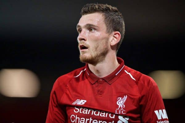 LIVERPOOL, ENGLAND - Tuesday, August 7, 2018: Liverpool's Andy Robertson during the preseason friendly match between Liverpool FC and Torino FC at Anfield. (Pic by David Rawcliffe/Propaganda)