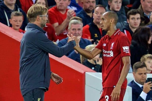 LIVERPOOL, ENGLAND - Tuesday, August 7, 2018: Liverpool's Fabio Henrique Tavares 'Fabinho' and manager Jrgen Klopp during the preseason friendly match between Liverpool FC and Torino FC at Anfield. (Pic by David Rawcliffe/Propaganda)