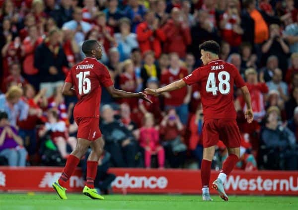 LIVERPOOL, ENGLAND - Tuesday, August 7, 2018: Liverpool's Daniel Sturridge celebrates scoring the third goal during the preseason friendly match between Liverpool FC and Torino FC at Anfield. (Pic by David Rawcliffe/Propaganda)