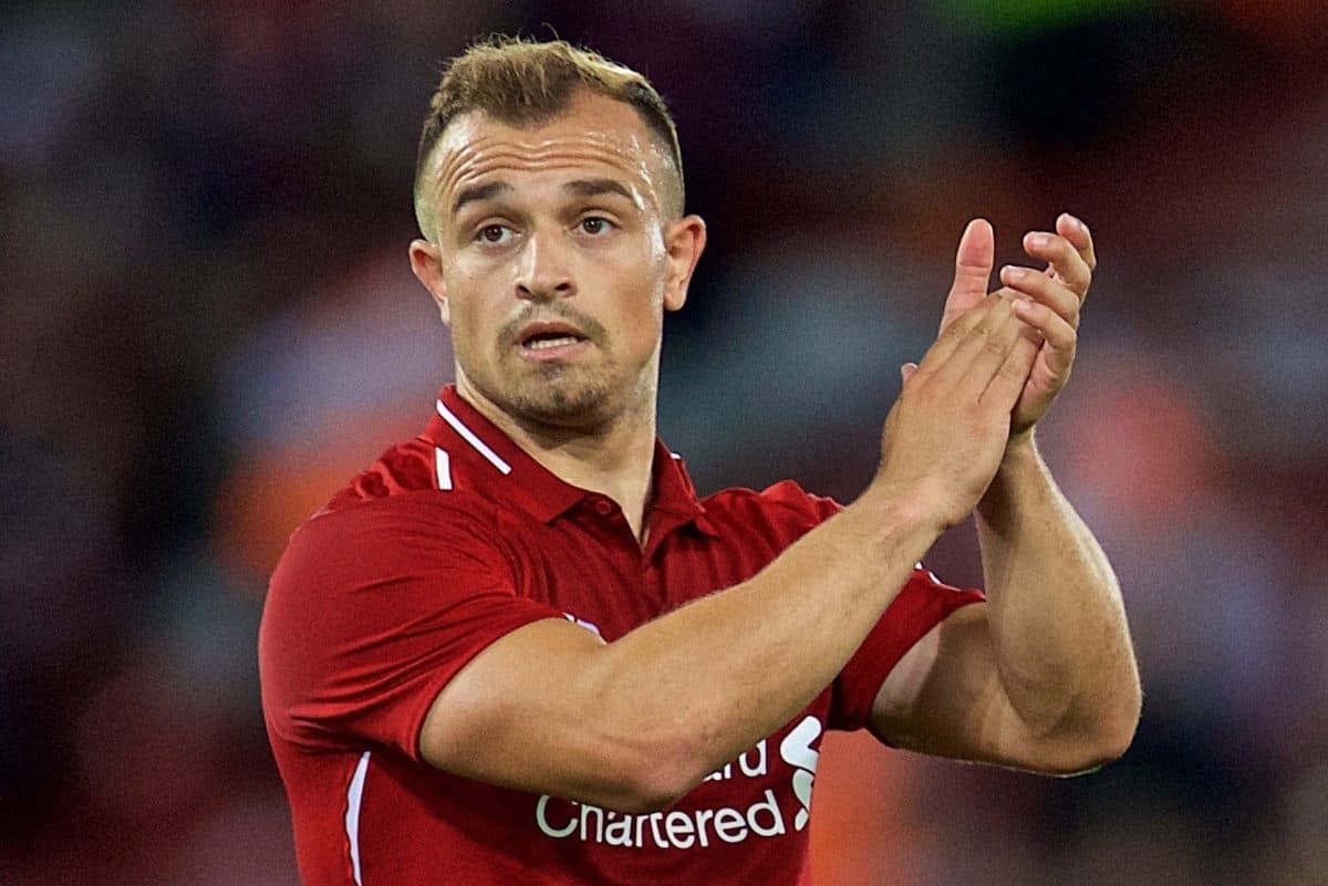 LIVERPOOL, ENGLAND - Tuesday, August 7, 2018: Liverpool's new signing Xherdan Shaqiri after the preseason friendly match between Liverpool FC and Torino FC at Anfield. (Pic by David Rawcliffe/Propaganda)