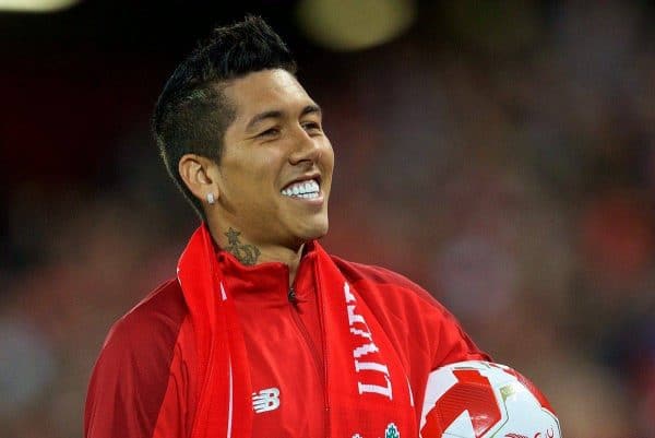 LIVERPOOL, ENGLAND - Tuesday, August 7, 2018: Liverpool's Roberto Firmino hands out balls and scarves top supporters after the preseason friendly match between Liverpool FC and Torino FC at Anfield. (Pic by David Rawcliffe/Propaganda)