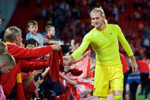 LIVERPOOL, ENGLAND - Tuesday, August 7, 2018: Liverpool's goalkeeper Loris Karius shakes hands with supporters after the preseason friendly match between Liverpool FC and Torino FC at Anfield. (Pic by David Rawcliffe/Propaganda)