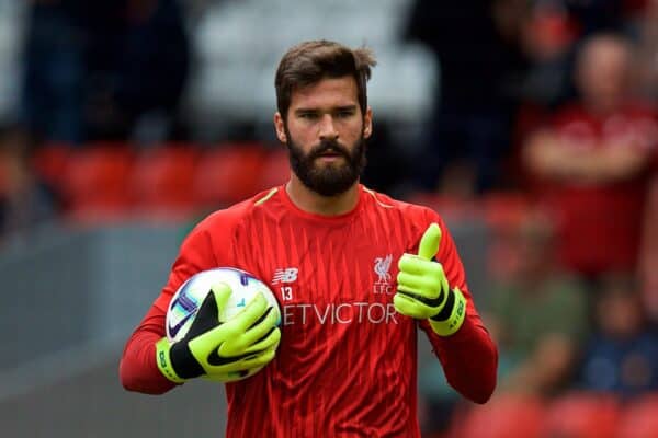 LIVERPOOL, ENGLAND - Sunday, August 12, 2018: Liverpool's goalkeeper Alisson Becker during the pre-match warm-up before the FA Premier League match between Liverpool FC and West Ham United FC at Anfield. (Pic by David Rawcliffe/Propaganda)