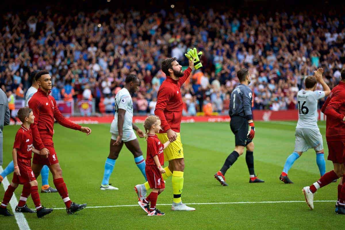LIVERPOOL, ENGLAND - Sunday, August 12, 2018: Liverpool's new signing goalkeeper Alisson Becker walks out before the FA Premier League match between Liverpool FC and West Ham United FC at Anfield. (Pic by David Rawcliffe/Propaganda)