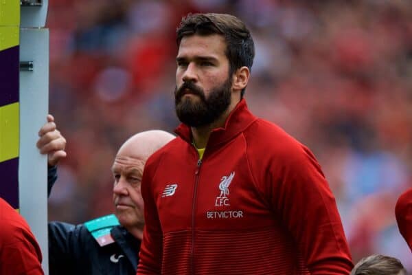 LIVERPOOL, ENGLAND - Sunday, August 12, 2018: Liverpool's new signing goalkeeper Alisson Becker lines-up before the FA Premier League match between Liverpool FC and West Ham United FC at Anfield. (Pic by David Rawcliffe/Propaganda)