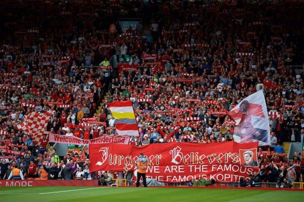 LIVERPOOL, ENGLAND - Sunday, August 12, 2018: A Liverpool supporter's banner "Jurgoner Believers" during the FA Premier League match between Liverpool FC and West Ham United FC at Anfield. (Pic by David Rawcliffe/Propaganda)