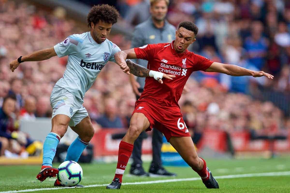 LIVERPOOL, ENGLAND - Sunday, August 12, 2018: Liverpool's Trent Alexander-Arnold and West Ham United's Felipe Anderson during the FA Premier League match between Liverpool FC and West Ham United FC at Anfield. (Pic by David Rawcliffe/Propaganda)