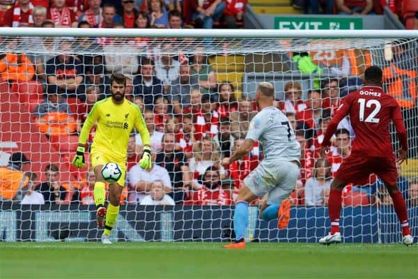 LIVERPOOL, ENGLAND - Sunday, August 12, 2018: Liverpool's goalkeeper Alisson Becker during the FA Premier League match between Liverpool FC and West Ham United FC at Anfield. (Pic by David Rawcliffe/Propaganda)