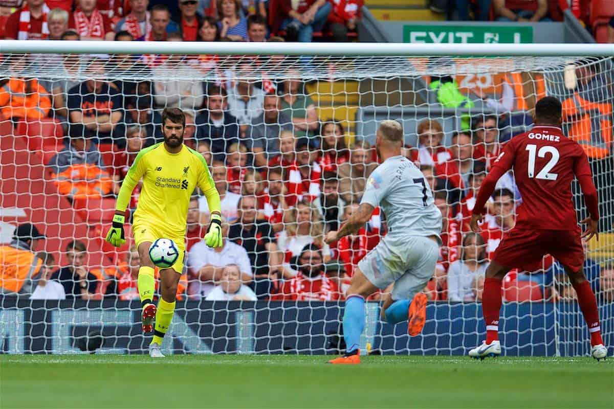 LIVERPOOL, ENGLAND - Sunday, August 12, 2018: Liverpool's goalkeeper Alisson Becker during the FA Premier League match between Liverpool FC and West Ham United FC at Anfield. (Pic by David Rawcliffe/Propaganda)