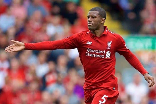 LIVERPOOL, ENGLAND - Sunday, August 12, 2018: Liverpool's Georginio Wijnaldum during the FA Premier League match between Liverpool FC and West Ham United FC at Anfield. (Pic by David Rawcliffe/Propaganda)