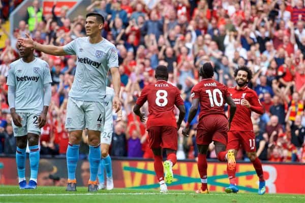 LIVERPOOL, ENGLAND - Sunday, August 12, 2018: Liverpool's Sadio Mane [#10] celebrates scoring the second goal during the FA Premier League match between Liverpool FC and West Ham United FC at Anfield. (Pic by David Rawcliffe/Propaganda)