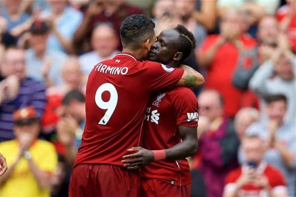 LIVERPOOL, ENGLAND - Sunday, August 12, 2018: Liverpool's Sadio Mane [#10] celebrates scoring the second goal with team-mate Roberto Firmino during the FA Premier League match between Liverpool FC and West Ham United FC at Anfield. (Pic by David Rawcliffe/Propaganda)