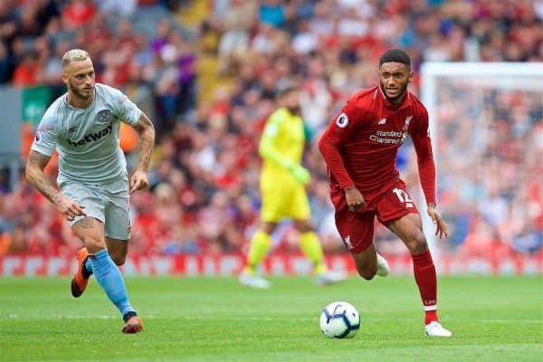 LIVERPOOL, ENGLAND - Sunday, August 12, 2018: Liverpool's Joe Gomez during the FA Premier League match between Liverpool FC and West Ham United FC at Anfield. (Pic by David Rawcliffe/Propaganda)