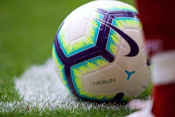 LIVERPOOL, ENGLAND - Sunday, August 12, 2018: The Nike Merlin official match-ball during the FA Premier League match between Liverpool FC and West Ham United FC at Anfield. (Pic by David Rawcliffe/Propaganda)