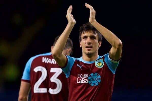 BURNLEY, ENGLAND - Thursday, August 16, 2018: Burnley's Jack Cork celebrates scoring the only goal to seal a 1-0 extra-time victory during the UEFA Europa League Third Qualifying Round 2nd Leg match between Burnley FC and ?stanbul Ba?ak?ehir at Turf Moor. (Pic by David Rawcliffe/Propaganda)