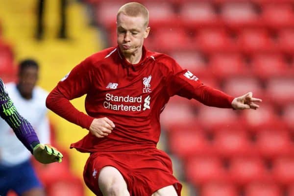 LIVERPOOL, ENGLAND - Friday, August 17, 2018: Liverpool's Glen McAuley and Tottenham Hotspur's goalkeeper Alfie Whiteman during the Under-23 FA Premier League 2 Division 1 match between Liverpool FC and Tottenham Hotspur FC at Anfield. (Pic by David Rawcliffe/Propaganda)